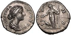 ROMAN EMPIRE. Marcus Aurelius. Silver Denarius, AD 179. Rome. Obv: FAVSTINA AVGVSTA, draped bust right, wearing single circlet of pearls. Rev: IVNO, Juno standing facing, head left, holding patera and