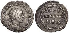ROMAN EMPIRE. Herennius Etruscus (Caesar). Silver Antoninianus, AD 251. Rome. Obv: IMP C Q HER ETR MES DECIO AVG, radiate and draped bust right. Rev: VOTIS DECENNALIBVS, legend within laurel-wreath. G