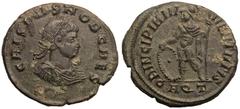 ROMAN EMPIRE. Crispus (Caesar). Billon Nummus, AD 317. Aquileia. Obv: CRISPVS NOB CAES, laureate, draped and cuirassed bust right Rev: PRINCIPIA IVVENTVTIS, prince standing left, holding reversed spea