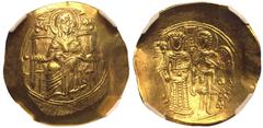 BYZANTINE EMPIRE. Isaac II Angelus. Gold Hyperpyron, AD 1185-1195. Constantinople. Obv: the Virgin enthroned facing, nimbate, wearing tunic and maphorion, holding the head of the infant Christ facing 