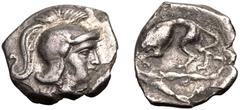 Magna Graecia MAGNA GRAECIA. CALABRIA, TARENTUM. Silver Diobol, circa 380-325 BC. Obv: Head of Athena right, wearing crested Attic helmet. Rev: Herakles standing right, strangling the Nemean Lion; clu