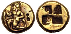 Ancient Greece ANCIENT GREECE. MYSIA, KYZIKOS. Electrum Hemihekte - 1/12 Stater, circa 500-450 BC. Obv: satyr in kneeling-running stance left, holding tunny fish by the tail. Rev: quadripartite incuse