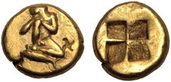 Ancient Greece ANCIENT GREECE. MYSIA, KYZIKOS. Electrum Hemihekte, circa 475-410 BC. Obv: naked male figure seated facing with head left and hands resting on knee; tunny fish below. Rev: quadripartite