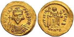 Byzantine Empire BYZANTINE EMPIRE. Phocas. Gold Solidus, AD 603-607. Constantinople. Obv: ∂ N FOCAS PÐ„RP AVC, draped and cuirassed bust facing, holding globus cruciger and wearing crown without pendi