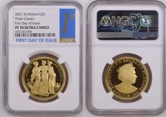 St. Helena 2021 Gold 5 Pounds (1 oz.) The Three Graces Proof NGC PF 70 ULTRA CAMEO #6031243-004 PF 70 ULTRA CAMEO | UNITED KINGDOM. ST. HELENA. Elizabeth II, 1952-. Gold 5 pounds, 2021. East India Com