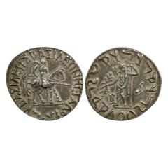 Ancient India. Indo-Scythians, Azes, c. 56 - 25 BC, Silver Tetradrachm, 'Zeus' type, Mitchiner MAC 2226 (var.), 9.84g. Obv: King mounted on horse, holding a spear; Greek legend BASILEOS BASILEON MEGAL