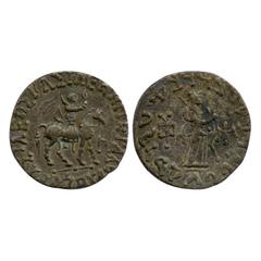 Ancient India. Indo-Scythian rulers, Azes, c. 56 – 25 BC, debased silver tetradrachm of 'Pallas Athena' type, Mitchiner MAC 2347-2352. Obv: King mounted on horse, holding a whip, Kharoshthi letter in 