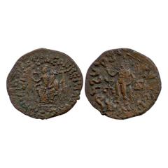 Ancient India. Indo-Scythian rulers, Azes, c. 56 – 25 BC, copper penta-chalkon of 'city goddess' type, counter struck on an 'elephant X bull' type of the same ruler, Mitchiner MAC 2321-2323, 11.24g. O