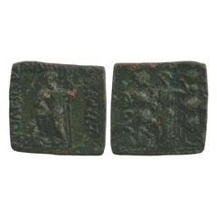 Ancient India. Indo-Scythian, Bronze Coin of Azes (c. 58-20BC), ISCH 77.1, 12.25g. Obv: Greek god Poseidon trampling over a human figure. Greek legend BASILEOS BASILEON MEGALOU AZOU around. Rev: Tree-