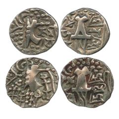 Ancient India. Medieval Kashmir (2), Electrum Dinaras of Karkota Dynasty, kings 'Namvi' and Vigrahaditya, c. 700-800AD, 8.08g. Obv: crude representation of standing king, letters Jashava to right Rev: