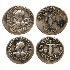 Ancient India. Indo-Greeks (2), Silver Drachms of Menander (c. 155-130 BC), (a) Obv: Diademed king thrusting javelin to left, Greek legend BASILEOS SOTEROS MENANDROU in two parts. Rev: Athena Alkidemo