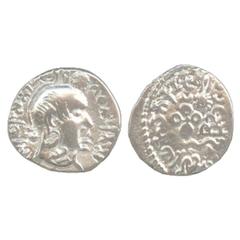 Ancient India. A Silver Portrait coin of Satavahana ruler Gotamiputa Siri Yajna Satakani, (c. 200-225 AD), 1.58g. Obv: Profile bust of the ruler, Kakapaksha hair-style (tufts of hair on temples) weari