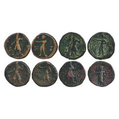 Ancient India. Kushans, A group of four Copper Tetradrachms of Kanishka (c. 127-150 AD), each showing, Obv: King standing with spear in one hand and offering sacrifice at an altar, with Bactrian legen