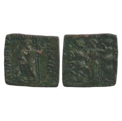 Ancient India. Indo-Scythians, Bronze Coin of Azes (58-35 BC), ISCH 77.1, 12.25g. Obv: Greek god Poseidon trampling over a human figure. Greek legend BASILEOS BASILEON MEGALOU AZOU around. Rev: Tree-s