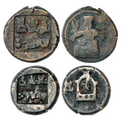 Ancient India. Panchala, Indramitra (50 BC), alloyed Copper ½ Unit (2), (a) MAC 4539, 4.68g. Obv: Square incuse with a row of symbols and Brahmi legend Indamitasa below. Rev: Deity (Indra) standing on