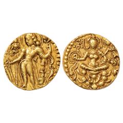 Ancient India. Gupta Empire, Chandragupta II (375-415 AD), Gold Heavy Weight Dinar of 'Archer' type, Sub-Variety New, 8.25g. Obv: The king is shown in tribhangha position with the bow and arrow and is
