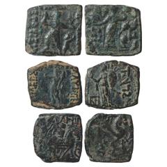 Ancient India. Indo-Scythians, Copper Coin (3), (a) Maues (90-60 BC), ISCH 24.1, 8.11g. Obv: Poseidon with thunderbolt and palm; Greek legend BASILEOS…. Rev: Yakshi emenating from a tree; Kharoshthi l