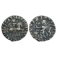 Ancient India. Indo-Scythians, Silver Drachm of Azes (c.56-35BC), MIGIS 859, 2.16g. Obv: King mounted on horse holding a whip, crude Greek legend around and a Kharoshthi letter in the front. Rev: Zeus