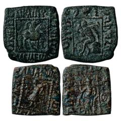 Ancient India. Indo-Scythians, Copper Hemi-obol (2), (a) Spalirises with Spalagadames (80-60 BC), MAC 2165-2168, 7.81g. Obv: King on horseback, Greek legend around SPALYRIOC DIKAIOU ADELPHOU TOU BASIL