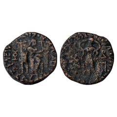 Ancient India. Indo-Parthians, Copper Coin of Sasan? (20-40 AD), ISCH 223.1T, 8.17g. Obv: Diademed king seated on a high-backed throne, extending one hand, a Gondopharid Tamgha to the left; traces of 