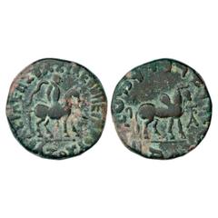 Ancient India. Indo-Scythians, Azes (58-30 BC), Bronze Heavy Unit, ISCH 91.2, 24.90g. Obv: King mounted on horse carrying a spear; Greek legend BASILEOS BASILEON MEGALOU AZOU around. Rev: Bull standin