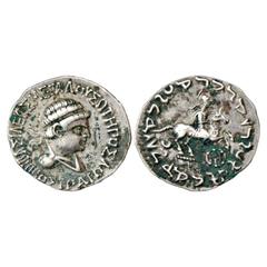 Ancient India P S Collection. Indo-Greeks, Hippostratos (65-55 BC), Silver Tetradrachm, BN series 5, 9.40g. Obv: Diademed bust of King facing right; Greek legend BASILEOS MEGALOU SOTEROS IPPOSTRATOU a