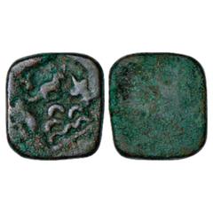Ancient India. Ujjayini' region uninscribed die-struck coinage (c. 200-100 BC), Copper coin of symbolic type, unlisted in Pieper and Kothari, 3.33g. Obv: Animal on six-arched hill in centre, small tau