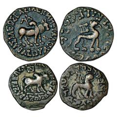 Ancient India. Indo-Scythians, Two Copper Coins (Hexa-chalkonand Tri-chalkon) of Azes (c. 56-30 BC) (a) MAC2382, 13.48g. Obv: Bull walking to right, monogram above, Kharoshthi letter Ka to right; Gree