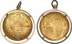 World Coins MIDDLE-EAST 14ct gold pendant with modern imitation of a Byzantine scyphate Histamenon Nomisma bust of Christ seated facing Rev Virgin crowning emperor set into a 14ct mount with suspensio
