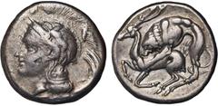Ancient Coins Ancient Greek; ITALY LUCANIA, Velia (350-281BC) silver Didrachm Head of Athena facing left wearing crested Athenian helmet ornamented with Pegasus Rev. Lion attacking stag (similar S461)