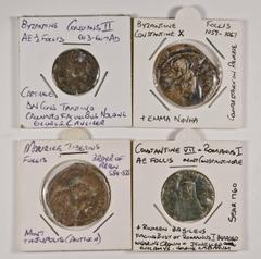 Ancient Byzantine; Maurice Tiberius (582-602) Follis of Theoupolis Rev Rounded large M; together with Constans (643-647) half Follis of Carthage Rev cross between X’s; plus Constantine VII and Romanus