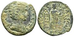 Old collection of Roman Provincial coins with temples Julia Domna (Augusta, 193-217), Lydia, Philadelphia, Æ, 6.64g, 25mm. Draped bust right / Nude Apollo standing to right, tending a laurel tree; beh