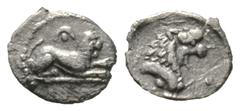 The D.S. Collection of Cyprus Cyprus, Amathos, c. 450-400 BC, Hemiobol, 0.24g, 7mm. Lion laying right; crescent and pellet above / Forepart of lion right. BMC 5. Very Fine and Extremely Rare
