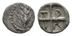 Greek Macedon, Tragilos, c. 450-400 BC, Hemiobol, 0.30g, 6mm. Grain ear / Quadripartite incuse square; T-P-A-I in quarters starting at the upper left. SNG ANS 903; SNG Cop. 446. Very fine or better.