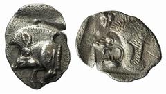 Greek Mysia, Kyzikos, c. 450-400 BC, Hemiobol, 0.37g, 10mm. Forepart of boar left, retrograde K on shoulder; to right, tunny upward / Head of lion left; to upper left, head of panther facing; all with