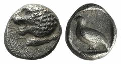Greek Ionia, Miletos, late 6th-early 5th century BC, Tetartemorion, 0.26g, 5mm. Head of roaring lion left / Eagle standing left within incuse square. SNG Tübingen 3001; Klein 430; SNG Kayhan 941 (Myla
