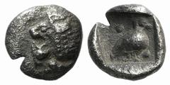 Greek Ionia, Miletos, late 6th-early 5th century BC, Tetartemorion, 0.25g, 5mm. Head of a roaring lion left / Eagle standing right; two pellets in field; all within incuse square. Klein 430 var. (same