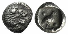Greek Ionia, Miletos, late 6th-early 5th century BC, Tetartemorion, 0.26g, 5mm. Head of roaring lion right / Eagle standing right; pellet above and below; all within incuse square. SNG Kayhan 947 (Unc