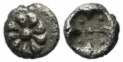 Greek Ionia, Uncertain, c. 530-500 BC, Tetartemorion, 0.12g, 4mm. Rosette / Incuse square punch with five pellets. Klein 433; SNG Kayhan 740. Good Very fine.