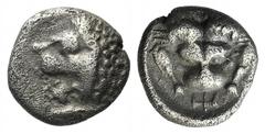 Greek Caria, Mylasa, c. 420-390 BC, Hemiobol, 0.43g, 7mm. Forepart of lion right, head left / Facing lion’s scalp. SNG Keckman 841; SNG Kayhan 835. Very fine.