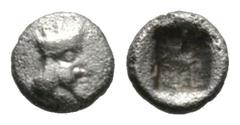 Greek Cilicia, Uncertain under Persian rule, Tetartemorion, c. late 5th century BC, 0.15g, 3mm. Crowned head of Persian king right / Rough incuse square. Troxell & Kagan 16 var. (head left); SNG Franc