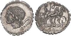 RÉPUBLIQUE ROMAINE Memmia, Lucius Memmius Galerius. Denier serratus ND (106 av. J.-C.), Rome.NGC Ch AU 5/5 4/5 (2113106-056). Av. ROMA. Tête laurée de Saturne à gauche. Rv. L. MEMMI GAL. Bige à droite