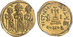 EMPIRE BYZANTIN Héraclius, Héraclius Constantin et Héraclonas (638-641). Solidus 638-641, Constantinople, 5e officine.NGC MS 5/5 2/5 scratches (6631351-010). Av. Héraclonas à gauche, Héraclius au cent