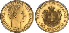 GRÈCE Georges Ier (1863-1913). Essai de 20 drachmes Or, par Barre, Flan bruni (PROOF) 1869, E, Paris.NGC PF 65 CAMEO (6321860-002). Av. ΓΕΩΡΓΙΟΣ Α! ΒΑΣΙΛΕΥΣ ΤΩΝ ΕΛΛΗΝΩΝ. Tête nue à droite de Georges I