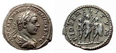 EMPIRE ROMAIN - ROMAN Élagabale (218-222). Denier ND (218-219), Rome. Av. IMP CAES M AVR ANTONINVS AVG. Buste lauré, drapé et cuirassé, à droite, vu de trois-quarts en arrière. Rv. FIDES MILITVM. L'Em
