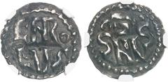 FRANCE / CAROLINGIENS - FRANCE / CAROLINGIAN Charlemagne (768-814). Denier ND (avant 794), Saintes. NGC AU 55 (6634185-009). Av. CARo/LVS en deux lignes, dans un grènetis. Rv. Sous un trait d'abréviat