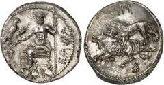 GRÈCE ANTIQUE - GREEK Cilicie, Mazaios (361-334 av. J.-C.). Statère ND, Tarse. Av. Légende en araméen : B'LTRZ. Sur un trône, Baal de Tarse assis à gauche, le buste de face, tenant un sceptre de la ma