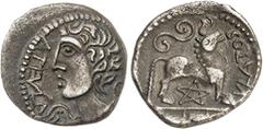 GAULE - CELTIC Rèmes (Ier siècle av. J.-C.). Denier ou drachme ATEVLA/VLATOS au pentagramme, classe I ND (Ier siècle avant J.-C.). Av. ATEVLA. Buste juvénile ailé à gauche, à la chevelure bouclée, por