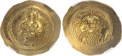 EMPIRE BYZANTIN - BYZANTINE Constantin IX (1042-1055). Histaménon nomisma, 2e type ND, Constantinople. NGC MS 5/5 4/5 (6640669-006). Av. + IhS XIS RЄX R - ЄGNANTIhM. Le Christ barbu, avec nimbe crucig