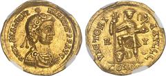 FRANCE / MÉROVINGIENS - FRANCE / MEROVINGIAN Wisigoths, séries pseudo-impériales. Solidus au nom de Valentinien III ND (IIIe quart du Ve siècle), Gaule. NGC AU 5/5 4/5 (6771132-001). Av. D N VALENTI -